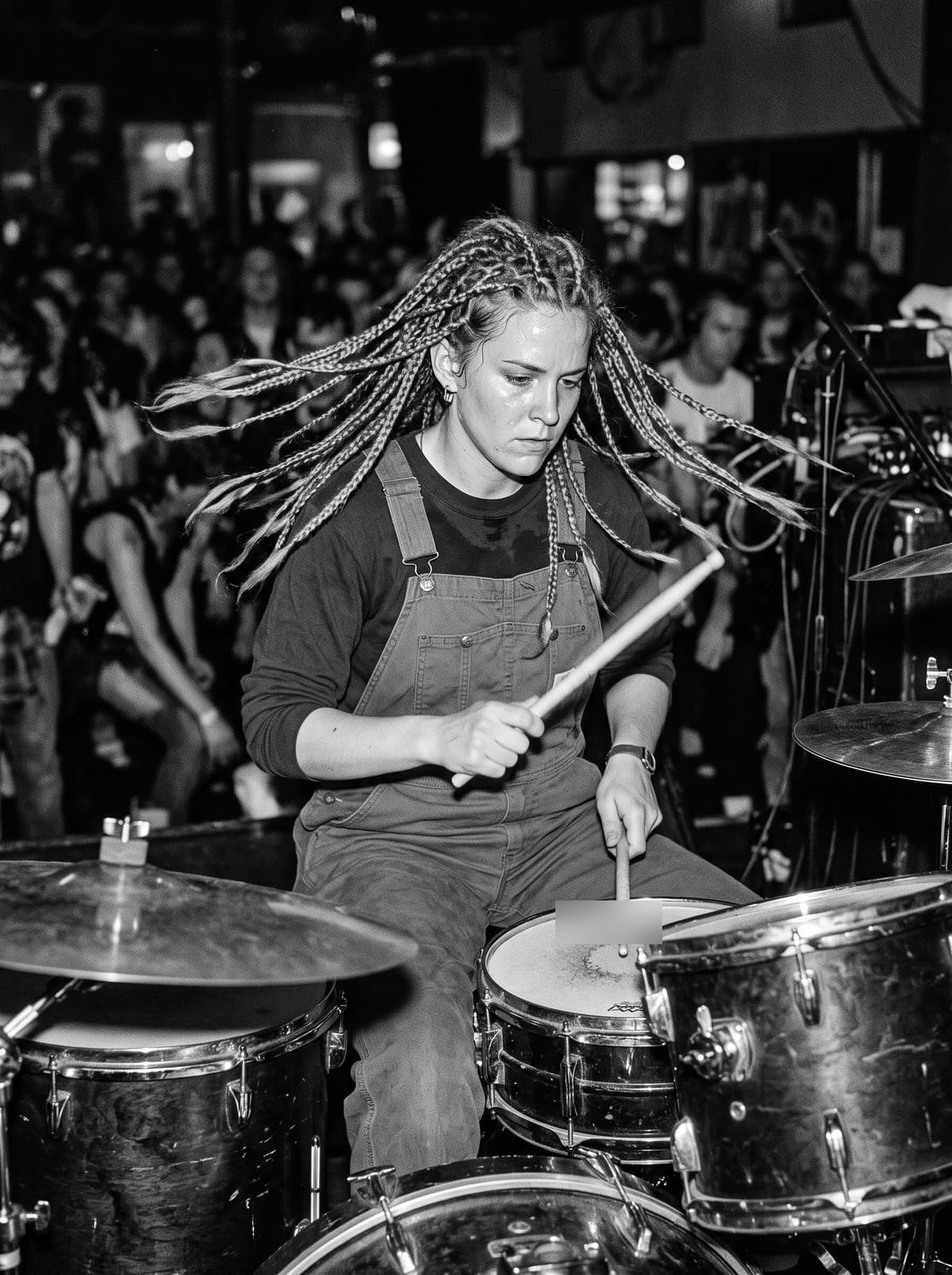 Black-and-white photograph of Beth Lindqvist playing drums, long braids flying, in overalls, a crowd behind her