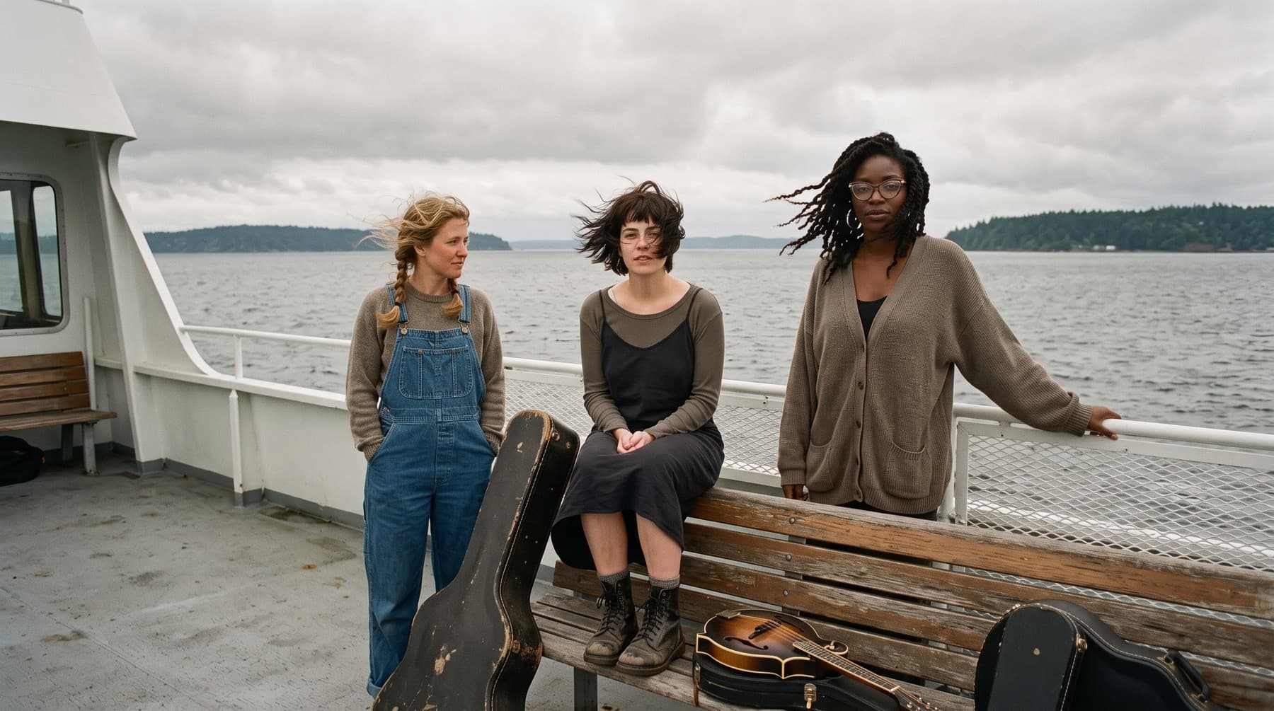 Beth, Pip and June on the open deck of a ferry under a gray sky, instrument cases on the bench, forested islands behind