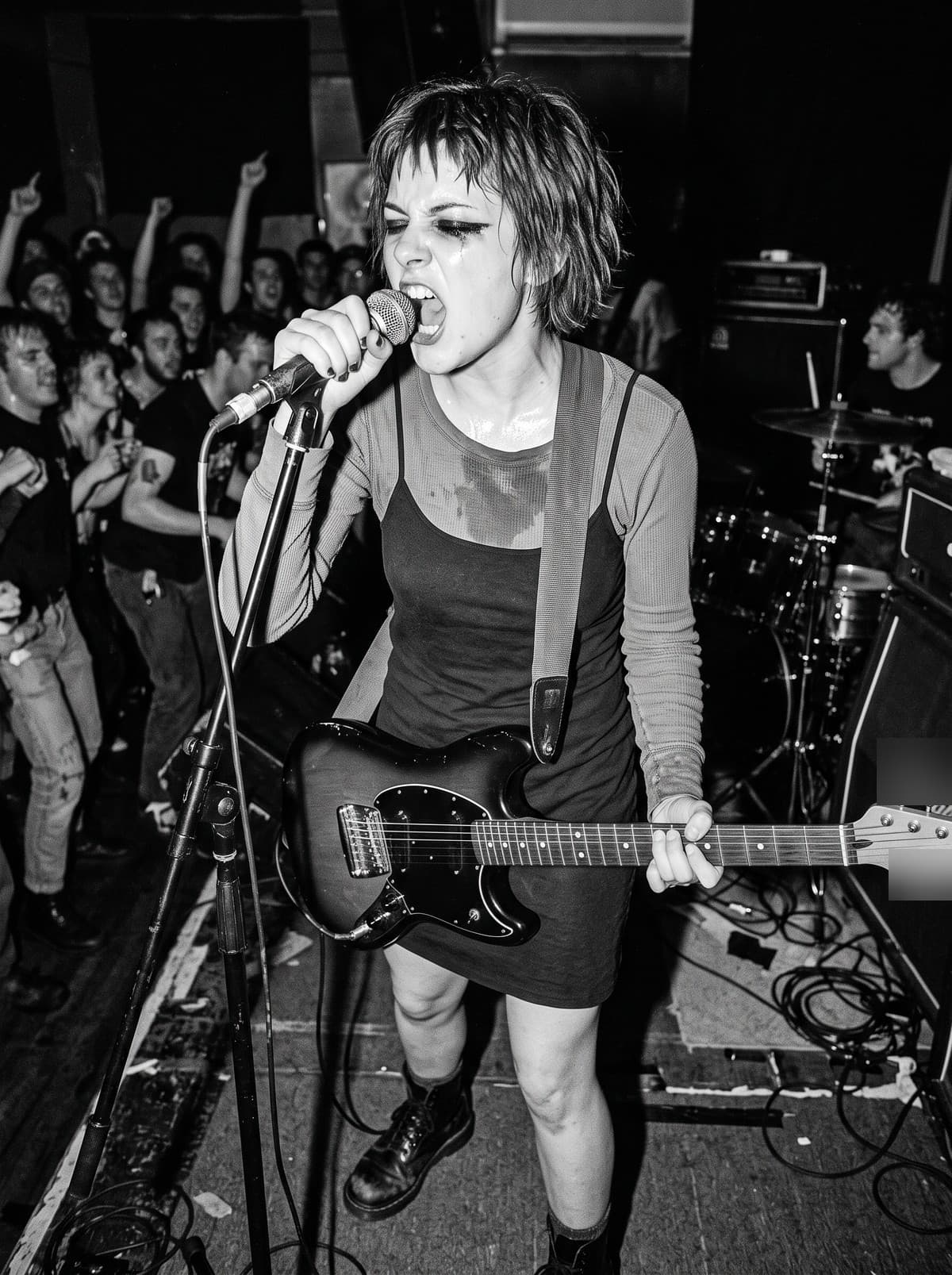 Black-and-white photograph of Pip Delacroix singing hard into a microphone with a guitar on, eyeliner running, a crowd behind her