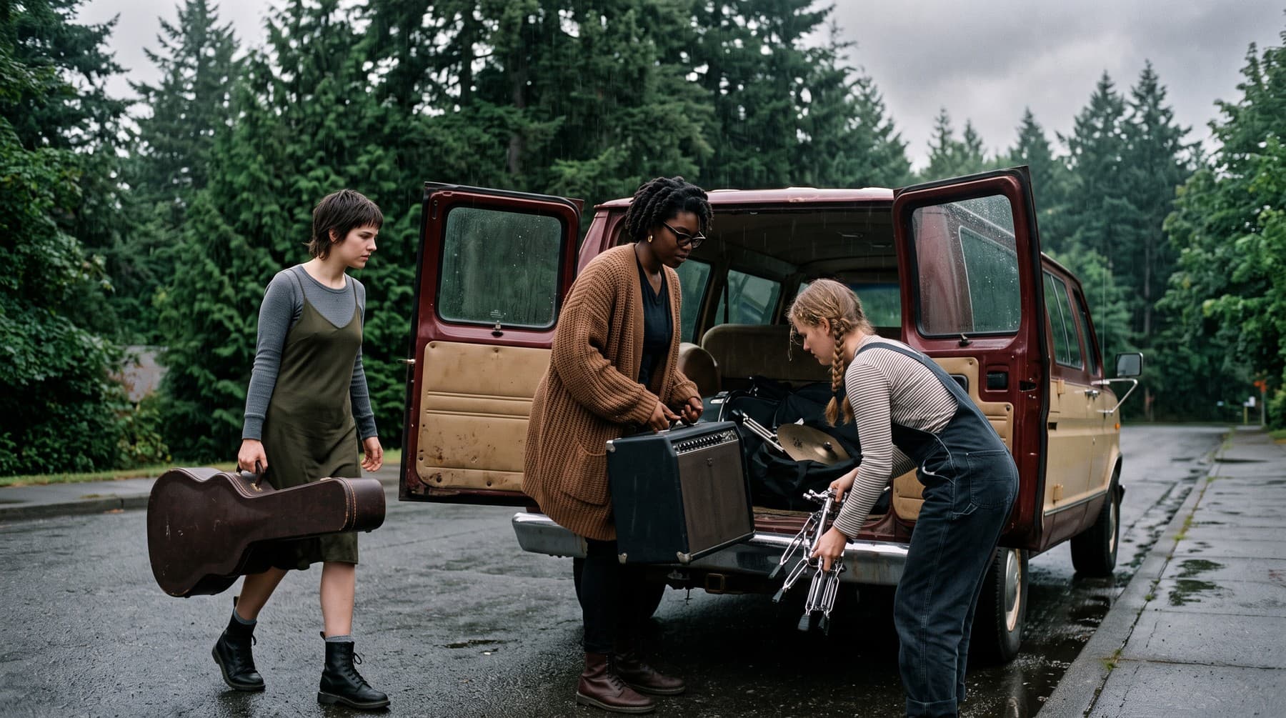 Pip carrying a guitar case, June lifting an amplifier and Beth loading cymbal stands into the open back doors of a maroon van in the rain, fir trees behind