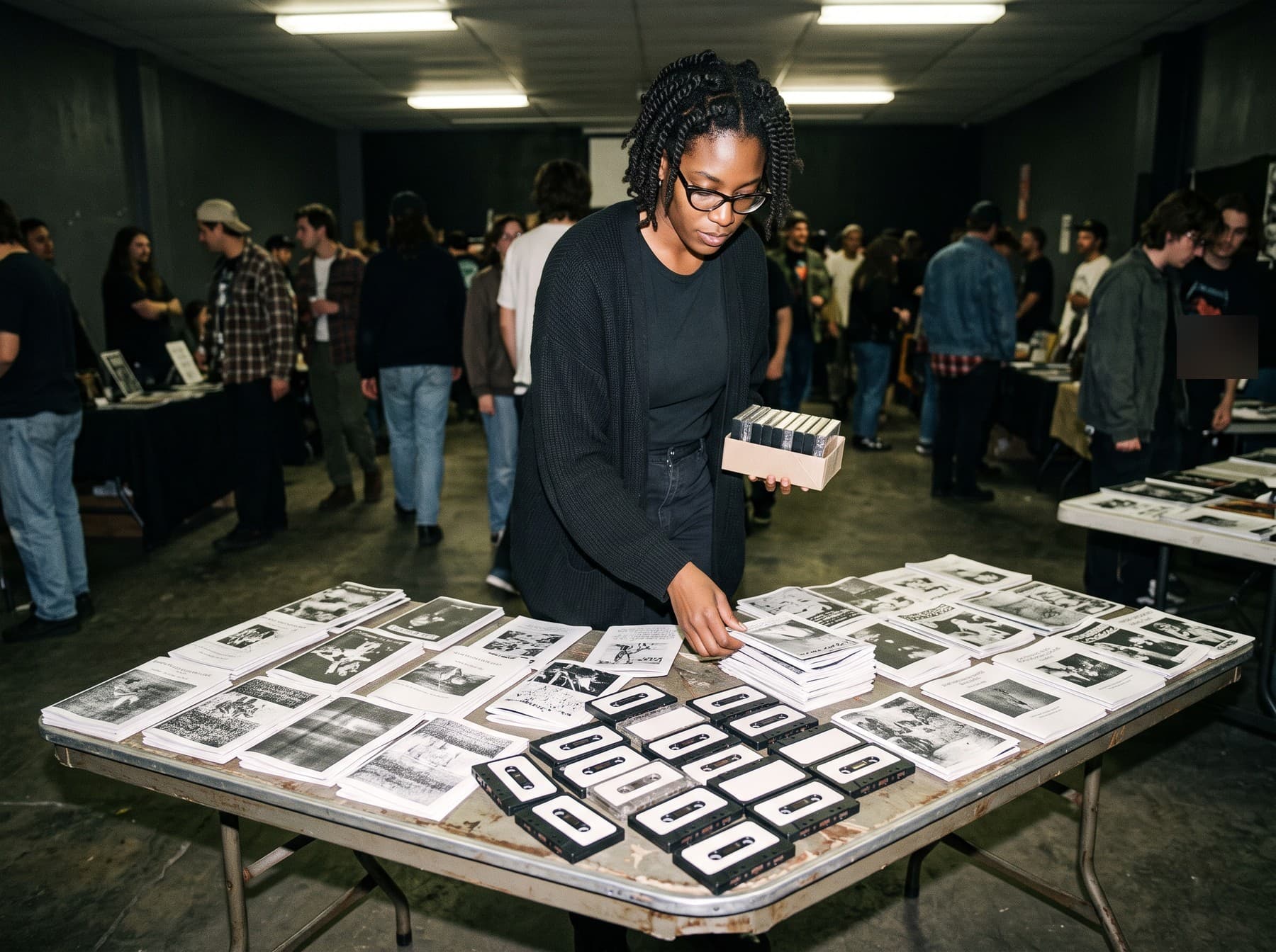 June Okafor in glasses and a long cardigan arranging photocopied zines and cassettes on a folding table, a box of tapes in one hand